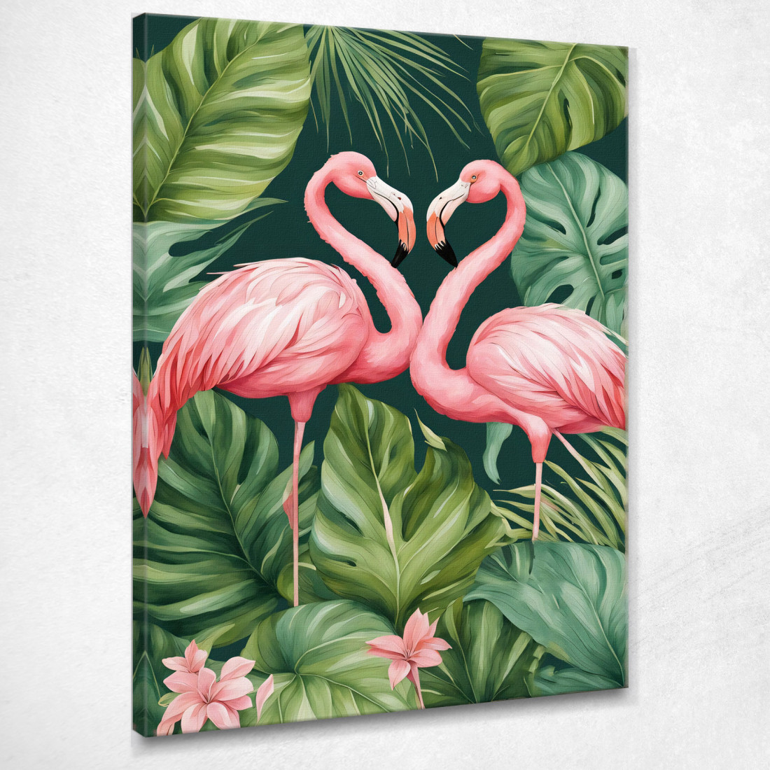 Quadro Botanico Moderno Coppia Di Fenicotteri Innamorati Tra Foglie Verdi Che Formano Un Cuore btn10 quadro stampato su tela Quadro Botanico Moderno Coppia Di Fenicotteri Innamorati Tra Foglie Verdi Che Formano Un Cuore btn10 quadro stampato su tela
