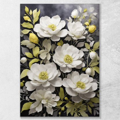 Quadro Botanico Moderno Eleganza Di Fiori Bianchi Su Sfondo Scuro btn15 quadro stampato su tela