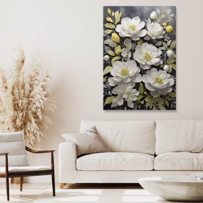 Quadro Botanico Moderno Eleganza Di Fiori Bianchi Su Sfondo Scuro btn15 quadro stampato su tela