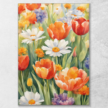 Quadro Botanico Moderno Giardino Fiorito Acquerello Con Tulipani E Margherite btn29 quadro stampato su tela