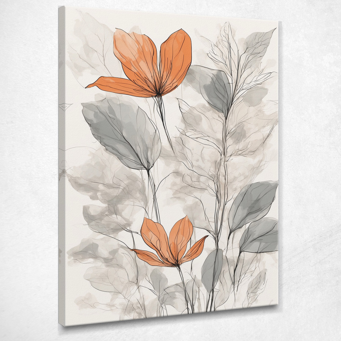 Quadro Botanico Moderno Illustrazione Di Fiori Rossi E Foglie Grigie Astratte btn33 quadro stampato su tela