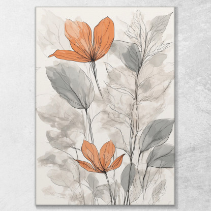 Quadro Botanico Moderno Illustrazione Di Fiori Rossi E Foglie Grigie Astratte btn33 quadro stampato su tela