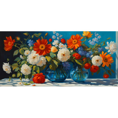 Quadro Botanico Composizione Di Fiori Vivaci In Vasi Di Vetro Blu bow13 quadro stampato su tela