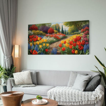 Quadro Botanico Giardino Fiorito Con Sentiero Tra Tulipani Colorati bow17 quadro stampato su tela