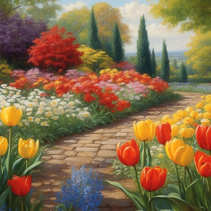 Quadro Botanico Giardino Fiorito Con Sentiero Tra Tulipani Colorati bow17 quadro stampato su tela