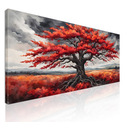 Quadro Botanico Grande Albero Con Foglie Rosse Su Sfondo Di Cielo Grigio bow18 quadro stampato su tela