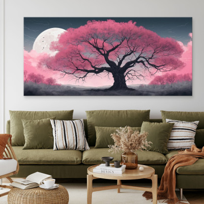 Quadro Botanico Grande Albero Rosa Illuminato Dalla Luna bow19 quadro stampato su tela