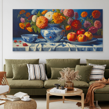 Quadro Botanico Natura Morta Con Fiori Colorati E Mele In Vaso Di Porcellana bow20 quadro stampato su tela