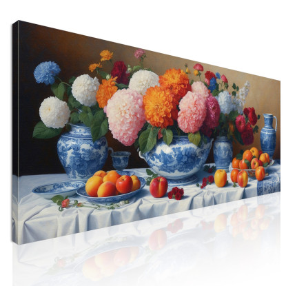 Quadro Botanico Natura Morta Con Fiori E Frutta In Vasi Di Porcellana Blu bow21 quadro stampato su tela