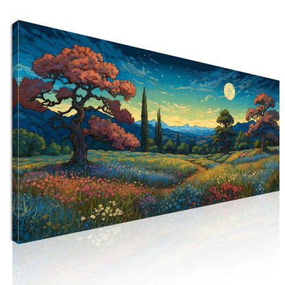 Quadro Botanico Notte Stellata Sopra Un Campo Di Fiori Colorati bow22 quadro stampato su tela