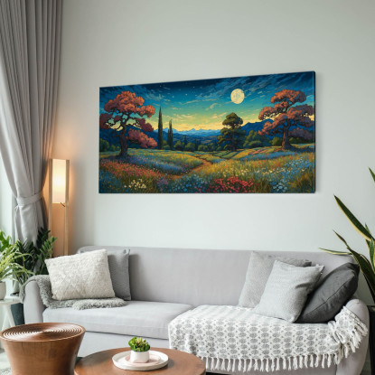 Quadro Botanico Notte Stellata Sopra Un Campo Di Fiori Colorati bow22 quadro stampato su tela