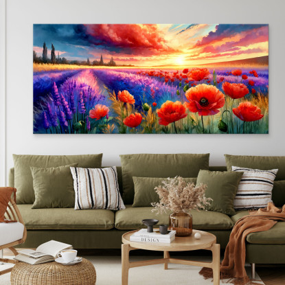 Quadro Botanico Papaveri E Lavanda Al Tramonto bow32 quadro stampato su tela