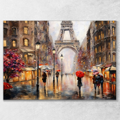 Quadro Moderno Città Astratto Atmosfera Piovosa A Parigi Con Torre Eiffel E Ombrelli Colorati ct1 quadro stampato su tela