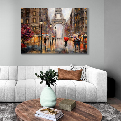 Quadro Moderno Città Astratto Atmosfera Piovosa A Parigi Con Torre Eiffel E Ombrelli Colorati ct1 quadro stampato su tela