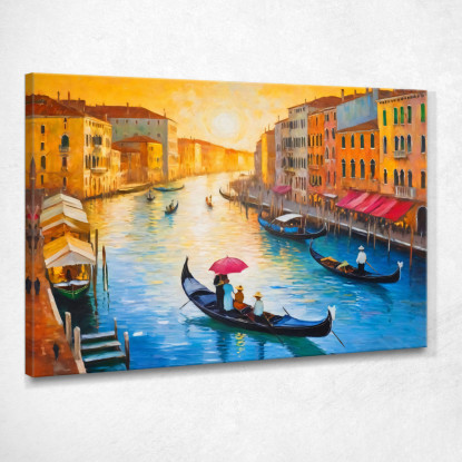 Quadro Moderno Città Astratto Atmosfera Veneziana Al Tramonto Con Gondole E Canali ct2 quadro stampato su tela