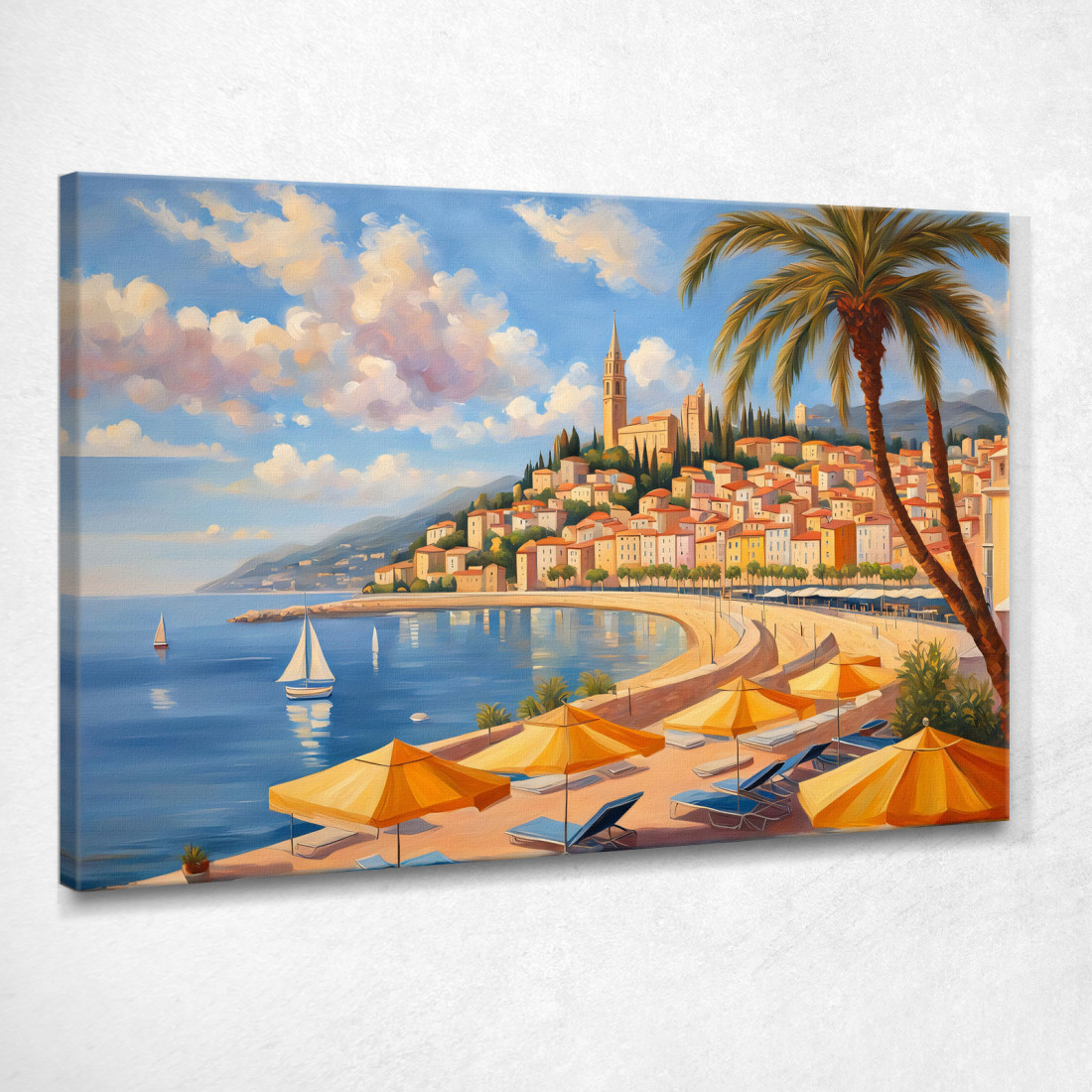 Quadro Moderno Città Astratto Panorama Incantevole Di Mentone Colline Colorate E Mare Blu ct19 quadro stampato su tela