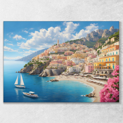 Quadro Moderno Città Astratto Panoramica Della Costiera Amalfitana Con Case Colorate E Mare ct20 quadro stampato su tela