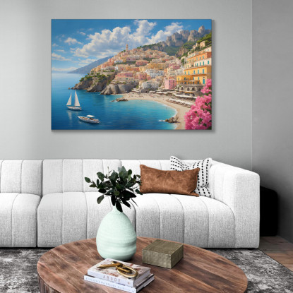 Quadro Moderno Città Astratto Panoramica Della Costiera Amalfitana Con Case Colorate E Mare ct20 quadro stampato su tela