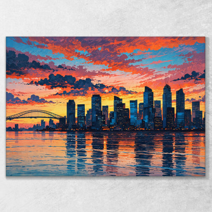 Quadro Moderno Città Astratto Skyline Astratto Al Tramonto Con Grattacieli E Ponte ct25 quadro stampato su tela