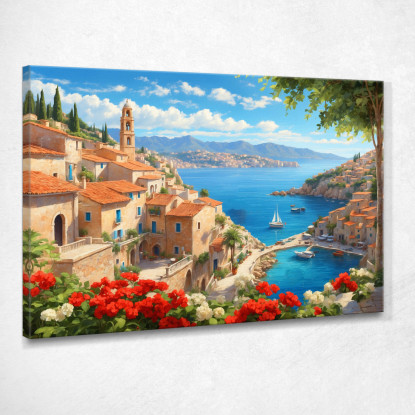 Quadro Moderno Città Astratto Vista Sulla Costa Mediterranea Con Vele E Fiori Colorati ct35 quadro stampato su tela