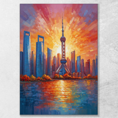 Quadro Moderno Città Astratto Splendida Vista Del Tramonto Su Shanghai ct39 quadro stampato su tela