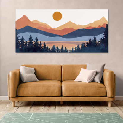 Quadro Boho Chic Illustrazione Paesaggio Montagne Colorate Con Foresta Di Pini E Sole Al Tramonto bol1 quadro stampato su tela