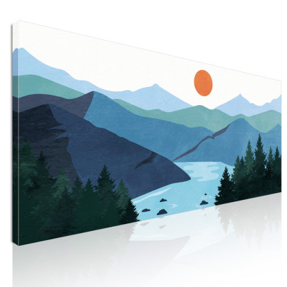 Quadro Boho Chic Illustrazione Paesaggio Montagne Blu Con Lago E Sole Al Tramonto bol2 quadro stampato su tela