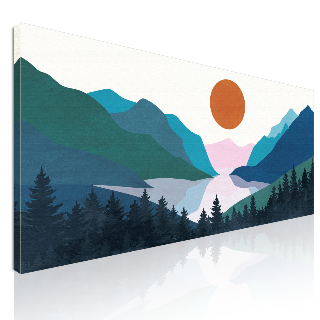 Quadro Boho Chic Illustrazione Paesaggio Montagne Colorate Con Foresta Di Pini E Lago Al Tramonto bol3 quadro stampato su tela