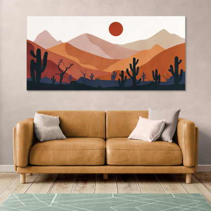 Quadro Boho Chic Illustrazione Paesaggio Deserto Montuoso Con Cactus E Sole Al Tramonto bol4 quadro stampato su tela