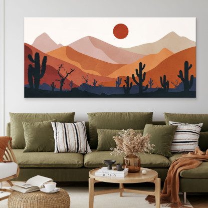 Quadro Boho Chic Illustrazione Paesaggio Deserto Montuoso Con Cactus E Sole Al Tramonto bol4 quadro stampato su tela