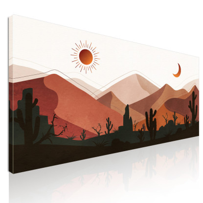 Quadro Boho Chic Illustrazione Paesaggio Deserto Montuoso Con Cactus Al Tramonto E Luna Crescente bol5 quadro stampato su tela