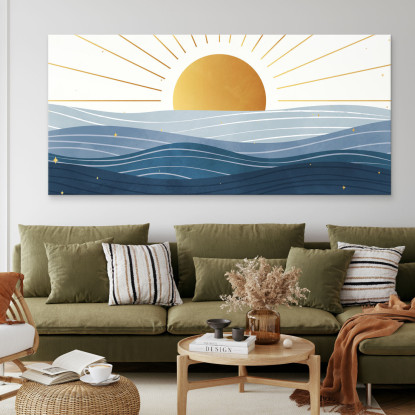 Quadro Boho Chic Illustrazione Paesaggio Alba Sul Mare Con Sole Dorato E Onde Blu bol6 quadro stampato su tela