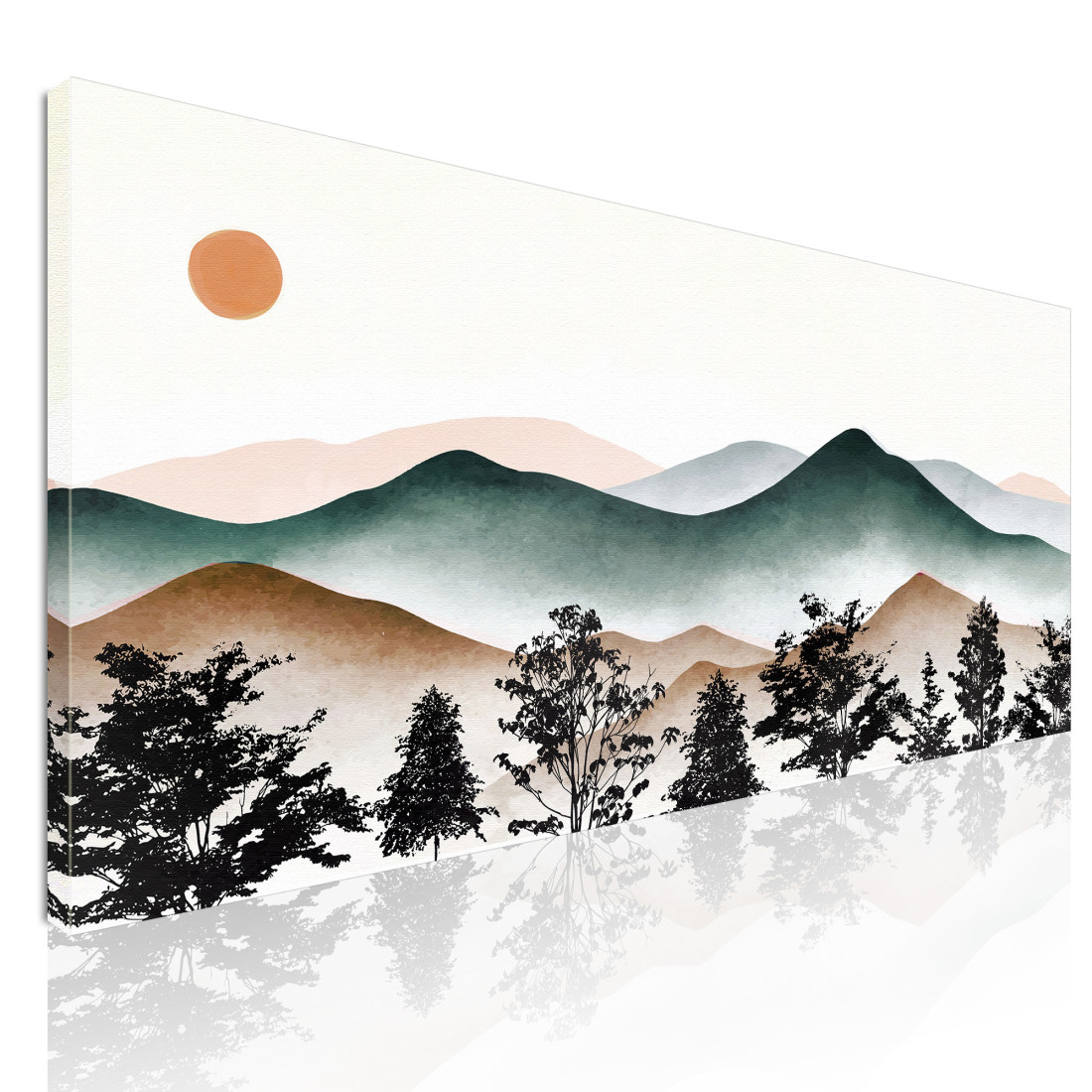 Quadro Boho Chic Illustrazione Paesaggio Montagne Nebbiose Con Sole Al Tramonto bol7 quadro stampato su tela