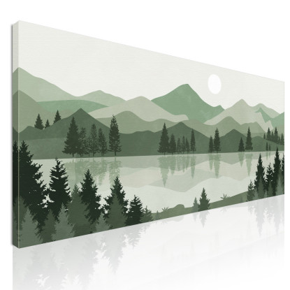 Quadro Boho Chic Illustrazione Paesaggio Lago Tra Le Montagne Verdi Al Tramonto bol9 quadro stampato su tela