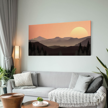 Quadro Boho Chic Illustrazione Paesaggio Tramonto Montuoso Con Sole E Foresta bol14 quadro stampato su tela