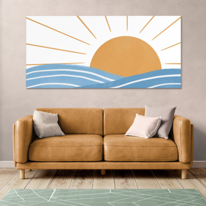 Quadro Boho Chic Illustrazione Paesaggio Alba Sul Mare Con Onde E Raggi Di Sole bol15 quadro stampato su tela