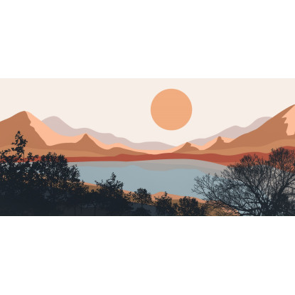 Quadro Boho Chic Illustrazione Paesaggio Lago Al Tramonto Con Montagne E Alberi bol16 quadro stampato su tela