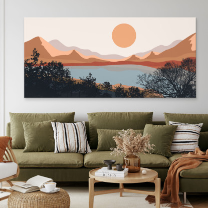 Quadro Boho Chic Illustrazione Paesaggio Lago Al Tramonto Con Montagne E Alberi bol16 quadro stampato su tela