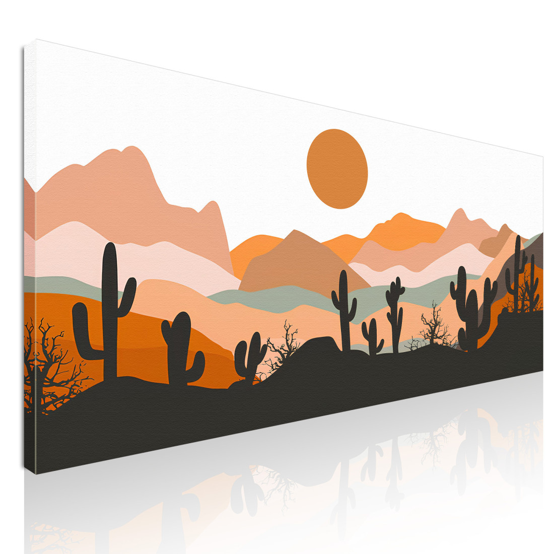 Quadro Boho Chic Illustrazione Paesaggio Montagne Con Cactus E Sole Al Tramonto bol18 quadro stampato su tela