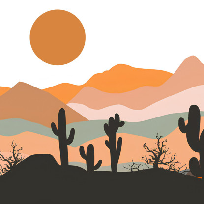 Quadro Boho Chic Illustrazione Paesaggio Montagne Con Cactus E Sole Al Tramonto bol18 quadro stampato su tela