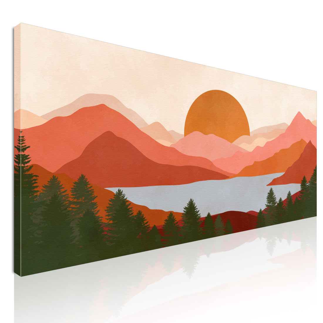 Quadro Boho Chic Illustrazione Paesaggio Montagne Rosse Con Lago E Tramonto bol19 quadro stampato su tela