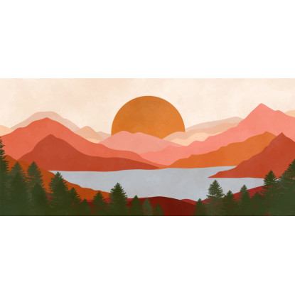 Quadro Boho Chic Illustrazione Paesaggio Montagne Rosse Con Lago E Tramonto bol19 quadro stampato su tela