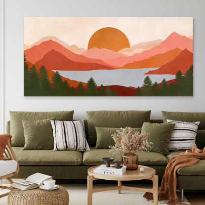 Quadro Boho Chic Illustrazione Paesaggio Montagne Rosse Con Lago E Tramonto bol19 quadro stampato su tela