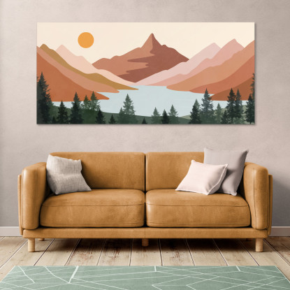 Quadro Boho Chic Illustrazione Paesaggio Montagne Sul Lago All'Alba bol20 quadro stampato su tela