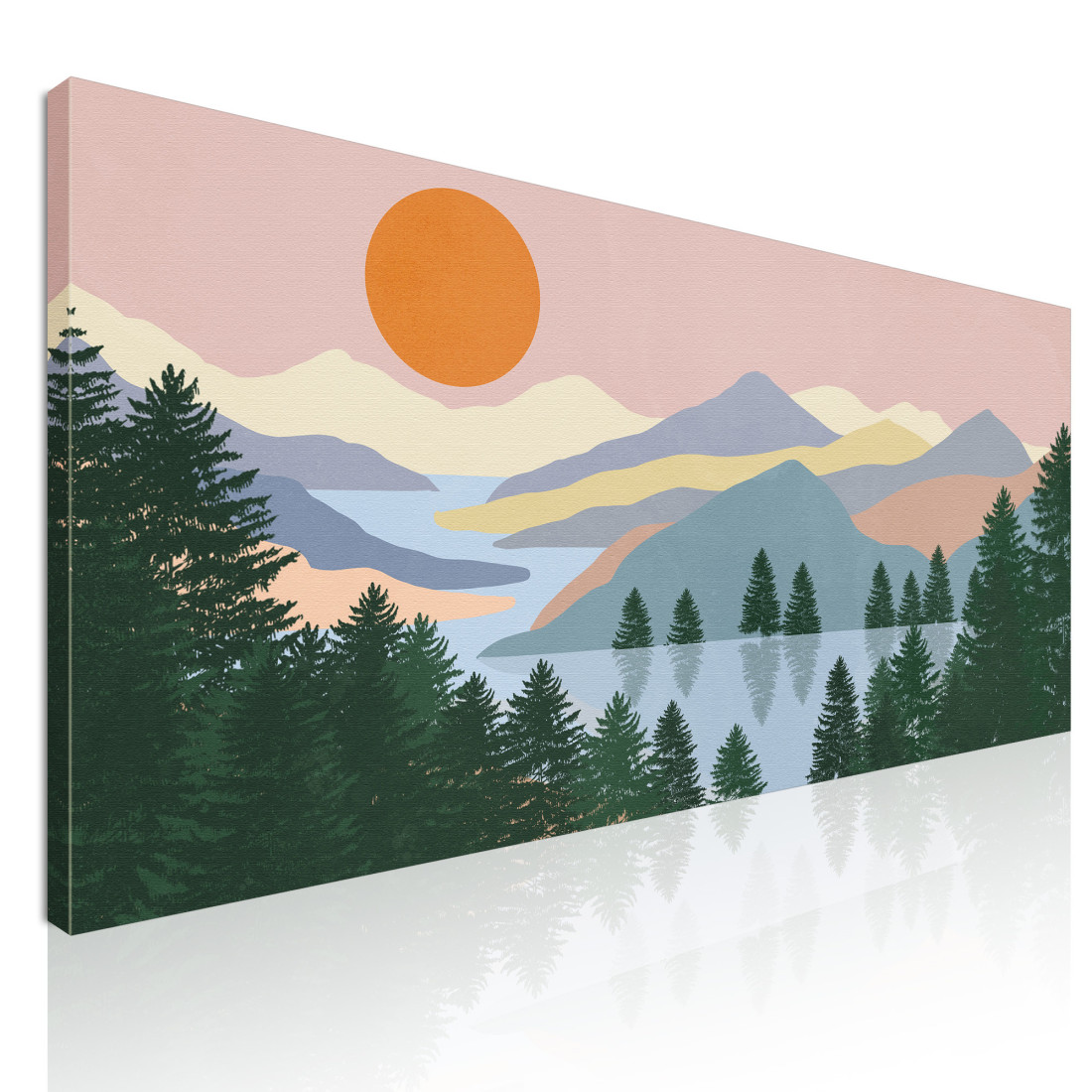 Quadro Boho Chic Illustrazione Paesaggio Alba Sul Lago Con Pini E Montagne bol21 quadro stampato su tela