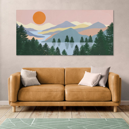 Quadro Boho Chic Illustrazione Paesaggio Alba Sul Lago Con Pini E Montagne bol21 quadro stampato su tela