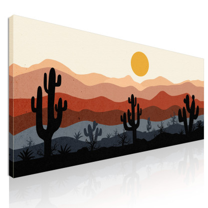 Quadro Boho Chic Illustrazione Paesaggio Cactus Con Montagne E Sole bol22 quadro stampato su tela