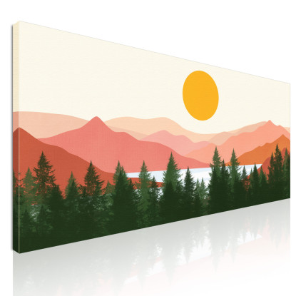 Quadro Boho Chic Illustrazione Paesaggio Foresta Di Pini Con Montagne E Sole bol23 quadro stampato su tela