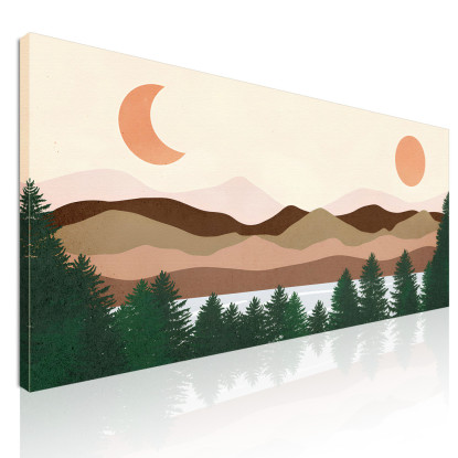 Quadro Boho Chic Illustrazione Paesaggio Lago Con Pini Montagne Sole E Luna bol24 quadro stampato su tela