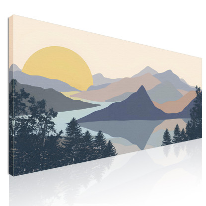 Quadro Boho Chic Illustrazione Paesaggio Montagne Sul Lago Con Pineta Verde bol26 quadro stampato su tela